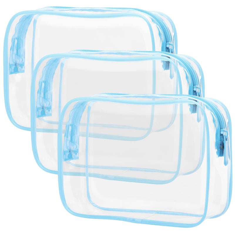 PACKISM 3 Pack TSA Approved Clear Toiletry Bags, Quart Size, Travel Makeup Cosmetic Bag for Women Men, Carry On Airport Airline Compliant, Light Blue - Image 1
