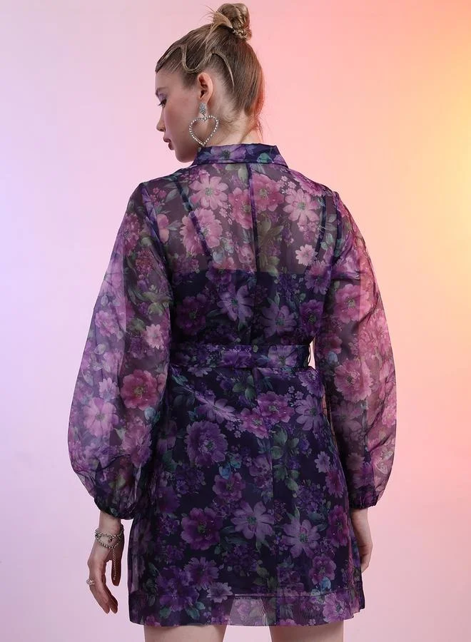 Tokyo Talkies All-Over Floral Print Collared Balloon Sleeve Mini Dress by Styli
