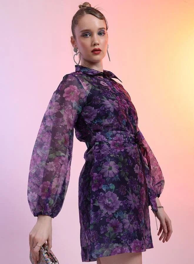 Tokyo Talkies All-Over Floral Print Collared Balloon Sleeve Mini Dress by Styli