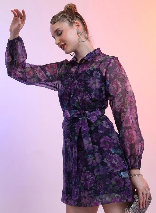 Tokyo Talkies All-Over Floral Print Collared Balloon Sleeve Mini Dress by Styli