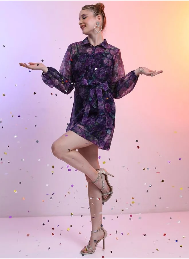 طوكيو توكيز All-Over Floral Print Collared Balloon Sleeve Mini Dress