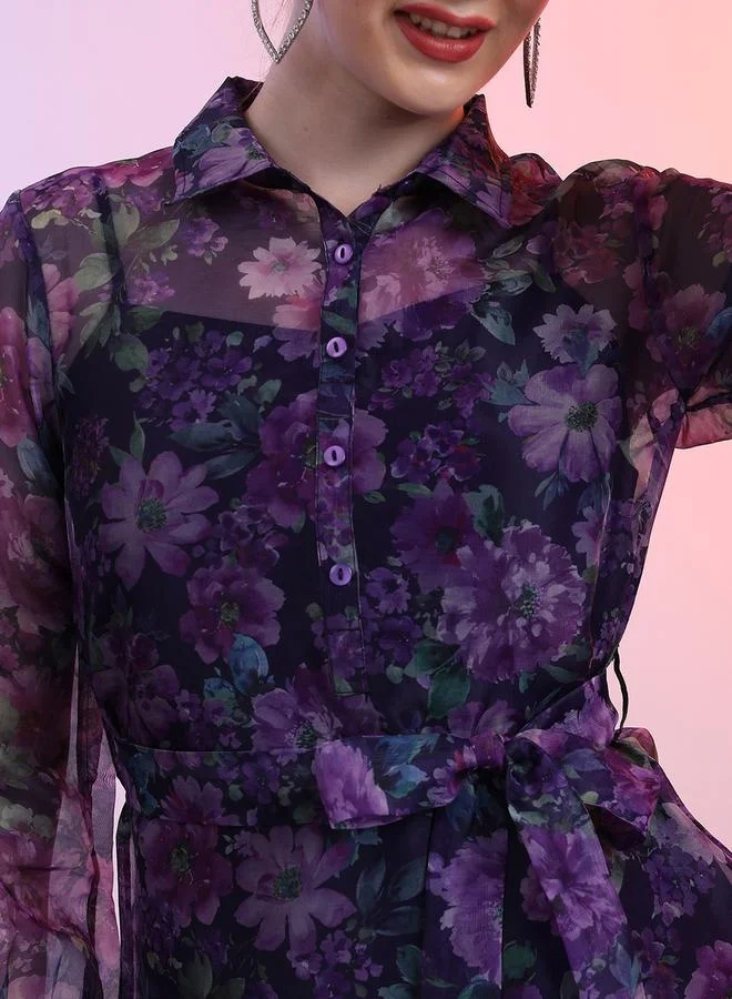 Tokyo Talkies All-Over Floral Print Collared Balloon Sleeve Mini Dress by Styli