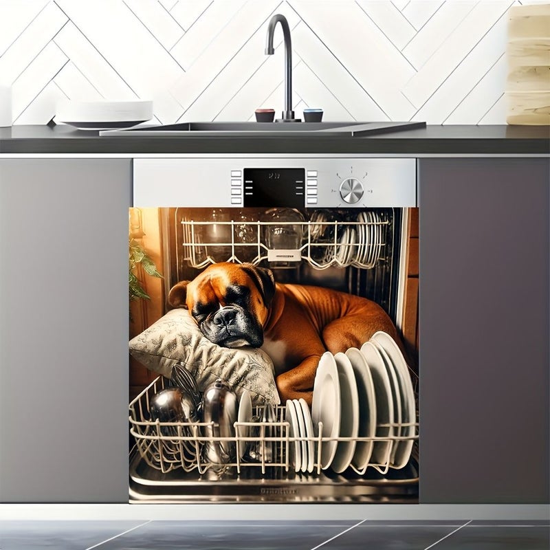 2D Flat 1pc Dishwasher Magnetic Door Cover Boxer Dog Sleeping on Pillow Design Reusable Scratch Resistant Vinyl Easy to Clean Cut Magnetic Backing Fun Kitchen Appliance Decoration Suitable for Dishwashers Refrigerators Washing Machines Size 25.59inch 23.03inch - Image 3