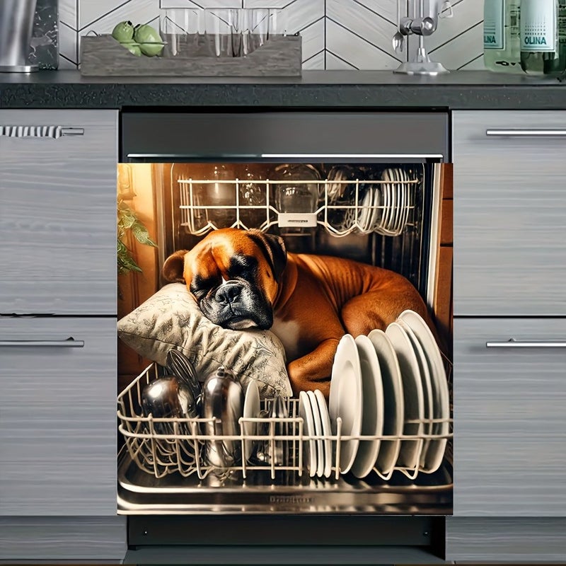 2D Flat 1pc Dishwasher Magnetic Door Cover Boxer Dog Sleeping on Pillow Design Reusable Scratch Resistant Vinyl Easy to Clean Cut Magnetic Backing Fun Kitchen Appliance Decoration Suitable for Dishwashers Refrigerators Washing Machines Size 25.59inch 23.03inch - Image 2