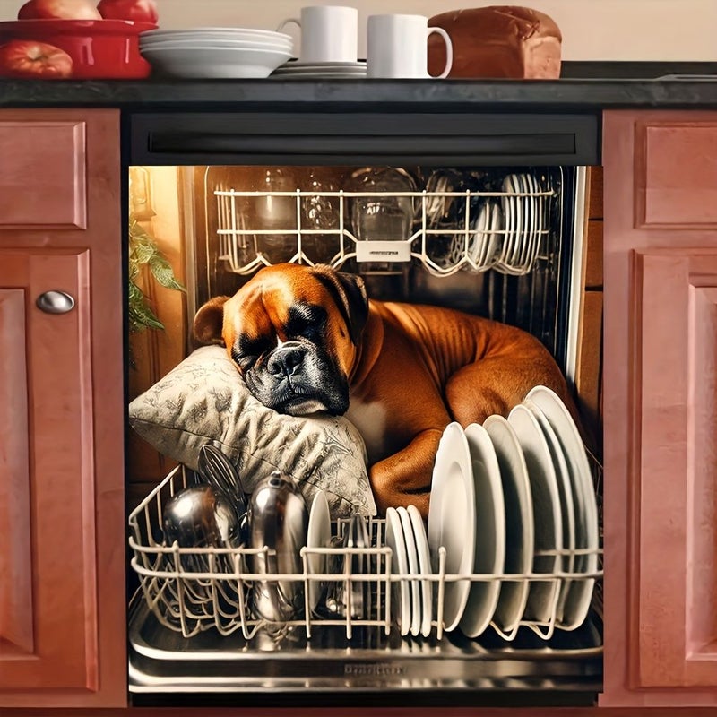2D Flat 1pc Dishwasher Magnetic Door Cover Boxer Dog Sleeping on Pillow Design Reusable Scratch Resistant Vinyl Easy to Clean Cut Magnetic Backing Fun Kitchen Appliance Decoration Suitable for Dishwashers Refrigerators Washing Machines Size 25.59inch 23.03inch - Image 1