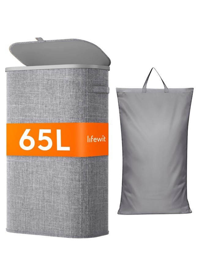 Lifewit 65L Slim Laundry Basket with Lid, Narrow Large Laundry Hamper with Plastic Handles and Removable Bag, Tall Foldable Dirty Clothes Hampers for Laundry Room, Bedroom, Bathroom, Dorm, Gray - Image 1