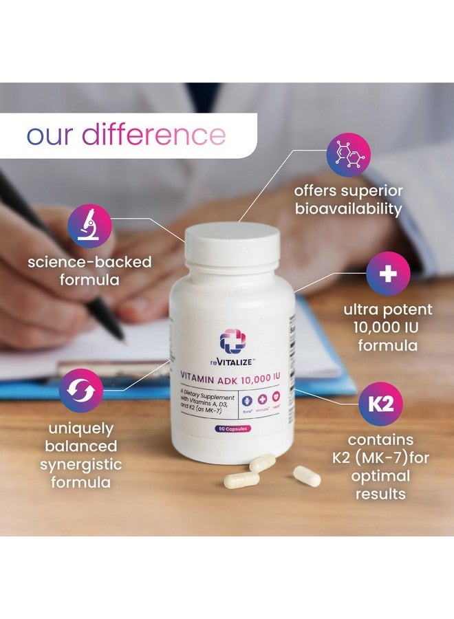 REVITALIZE ADK Vitamin Supplement 10,000 IU - 90 Servings, High Potency Vitamin A, D3 & K2 (MK-7) for Bone Strength | Supports Heart Health and Immune Function - Convenient Capsule Form - Image 3
