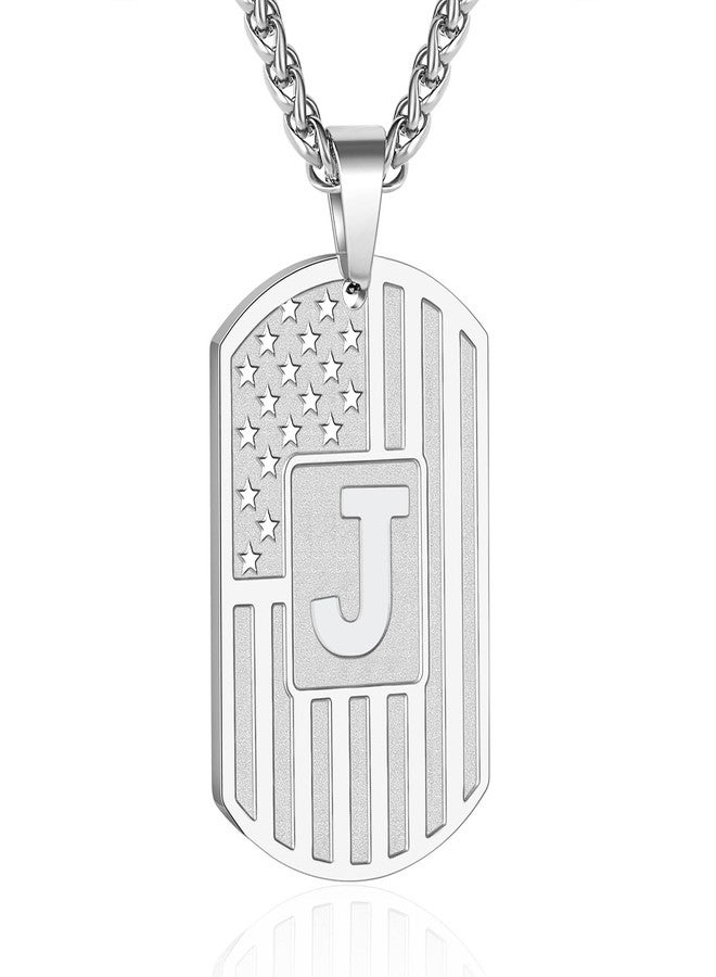 Bellino Initial A-Z Letter Necklace for Men Boys Kids Teen, Stainless Steel American Flag Dog Tag Pendent Chain Jewelry Birthday Gifts for him boyfriend husband dad 24Inches, *Initial J, Stainless - Image 1