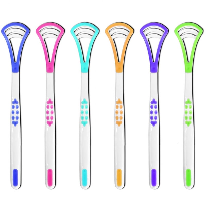 Calitate24 فرشاة تنظيف اللسان Calitate24 6 قطع، مكشطة لسان مرنة، تنظيف بالفرشاة والمكشطة للعناية بالفم، فرشاة تنظيف لسان مزدوجة الجوانب، متعددة الألوان - Image 1