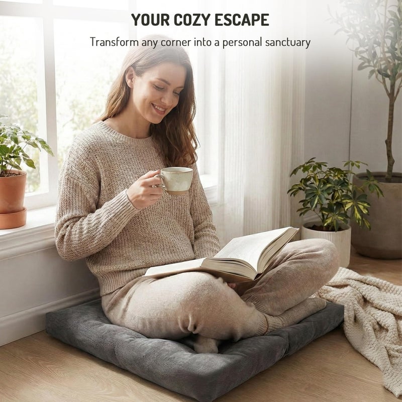 Degrees of Comfort Meditation Floor Pillow, Square Large Pillows Seating for Adults, Gray Tufted Corduroy Cushions for Outdoor Yoga Tatami Fireplace Living Room, Grey, 22x22 Inch - Image 3
