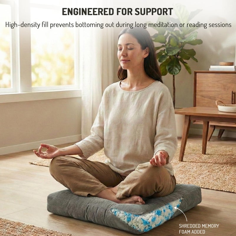 Degrees of Comfort Meditation Floor Pillow, Square Large Pillows Seating for Adults, Gray Tufted Corduroy Cushions for Outdoor Yoga Tatami Fireplace Living Room, Grey, 22x22 Inch - Image 2