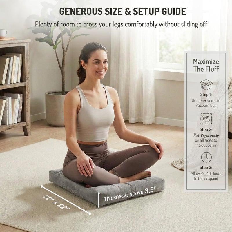 Degrees of Comfort Meditation Floor Pillow, Square Large Pillows Seating for Adults, Gray Tufted Corduroy Cushions for Outdoor Yoga Tatami Fireplace Living Room, Grey, 22x22 Inch - Image 4