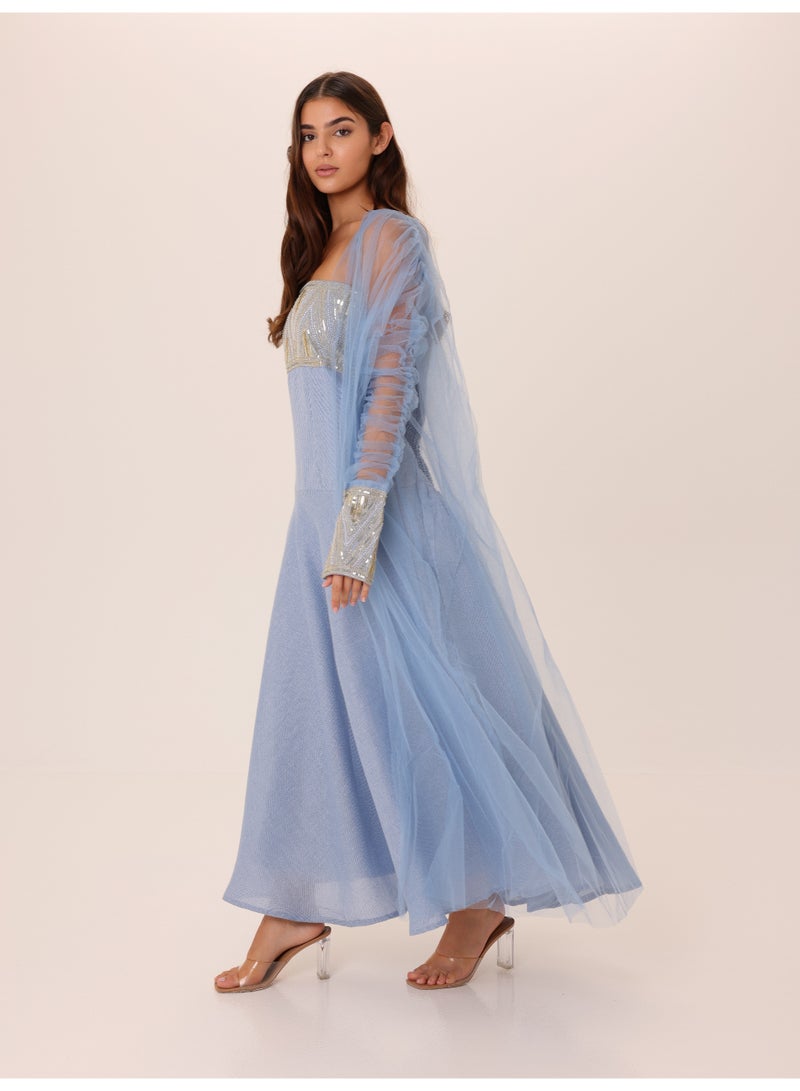 اكسا طقم أنيق مكون من قطعتين بأكمام شفافة فاخرة وتفاصيل ترتر - Image 3