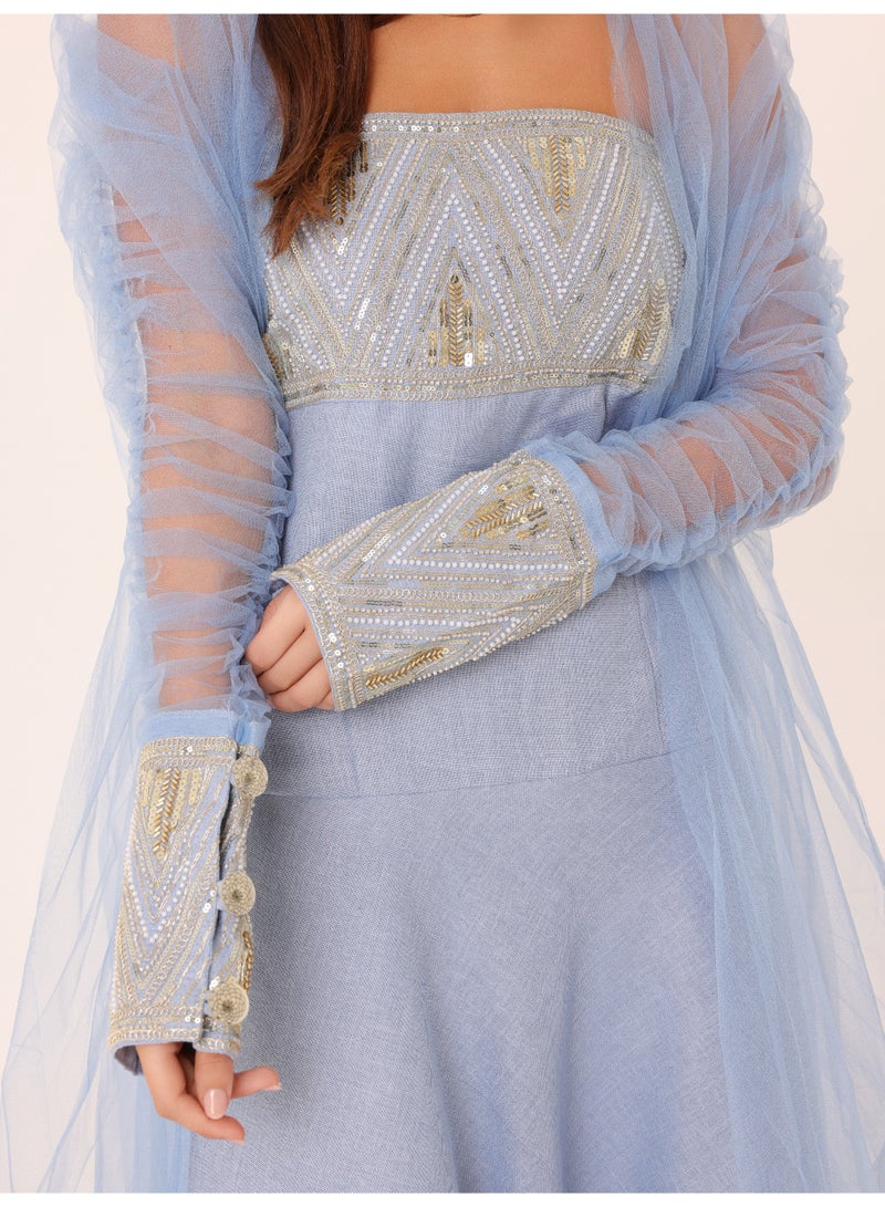 اكسا طقم أنيق مكون من قطعتين بأكمام شفافة فاخرة وتفاصيل ترتر - Image 5