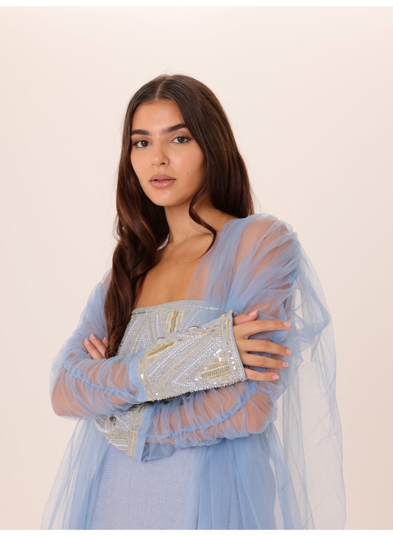 اكسا طقم أنيق مكون من قطعتين بأكمام شفافة فاخرة وتفاصيل ترتر - Image 2