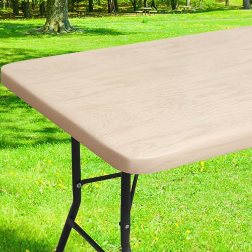 Smiry Rectangle Picnic Tablecloth Waterproof Elastic Fitted Table Covers for 6 Foot Tables Wipeable Flannel Backed Vinyl Tablecloths for Camping Indoor Outdoor Beige 30x72 Inches