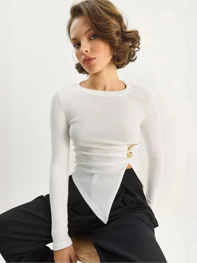 Bianco Lucci LUCCI Crew Neck Long Sleeve Blouse with Accessory Detail