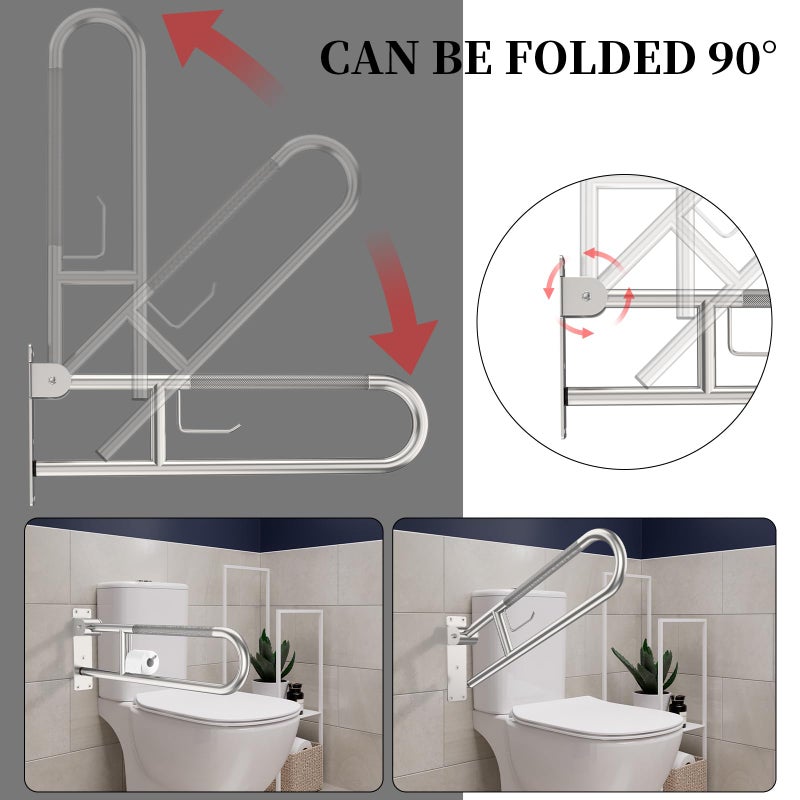 YuanDe Toilet Grab Bar 30.3 Inch, YuanDe Brushed Nickel Anti-Slip Support Rail, U Shaped Flip-Up Grab Bar with Paper Holder, Stainless Steel Knurled Handicap Safety Handrails for Disabled Elderly Pregnant - Image 5