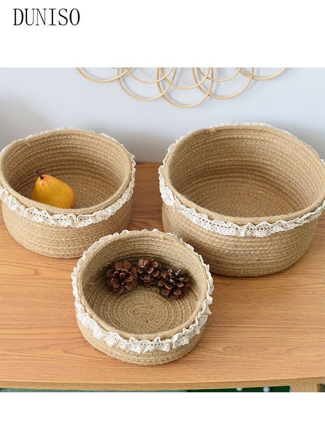 DUNISO 3-Pieces Weaving Storage Basket,Circular Weaving Basket With Lace Trim,Baby Toy Organizer,Miscellaneous Basket,Suit for Storing Snacks,Sundries And Stationery,Clothes And Pants,Brown  - Image 3