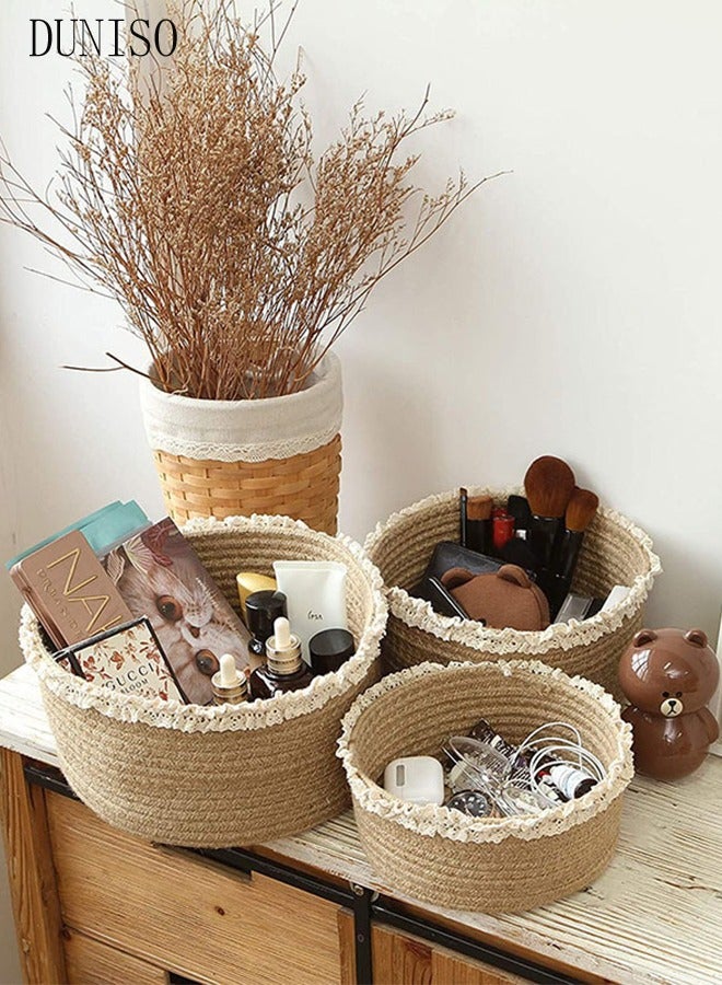 DUNISO 3-Pieces Weaving Storage Basket,Circular Weaving Basket With Lace Trim,Baby Toy Organizer,Miscellaneous Basket,Suit for Storing Snacks,Sundries And Stationery,Clothes And Pants,Brown  - Image 1