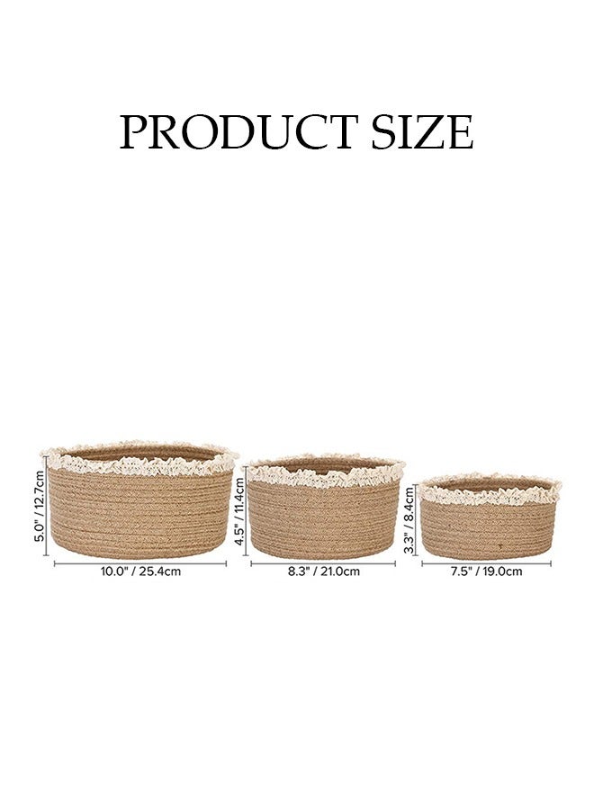 DUNISO 3-Pieces Weaving Storage Basket,Circular Weaving Basket With Lace Trim,Baby Toy Organizer,Miscellaneous Basket,Suit for Storing Snacks,Sundries And Stationery,Clothes And Pants,Brown  - Image 2