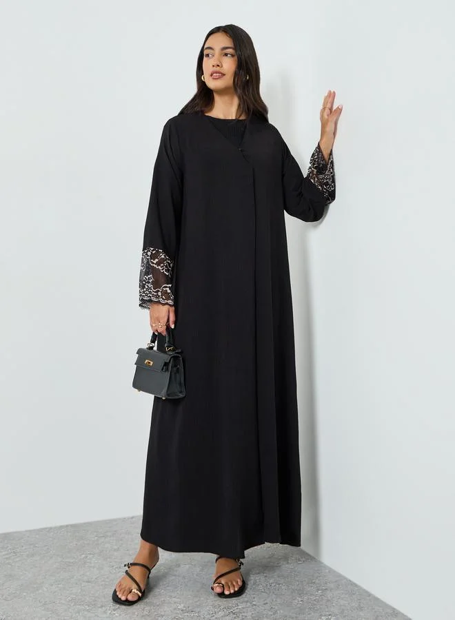 Black Embroidered Sleeve Cuff A-Line Abaya