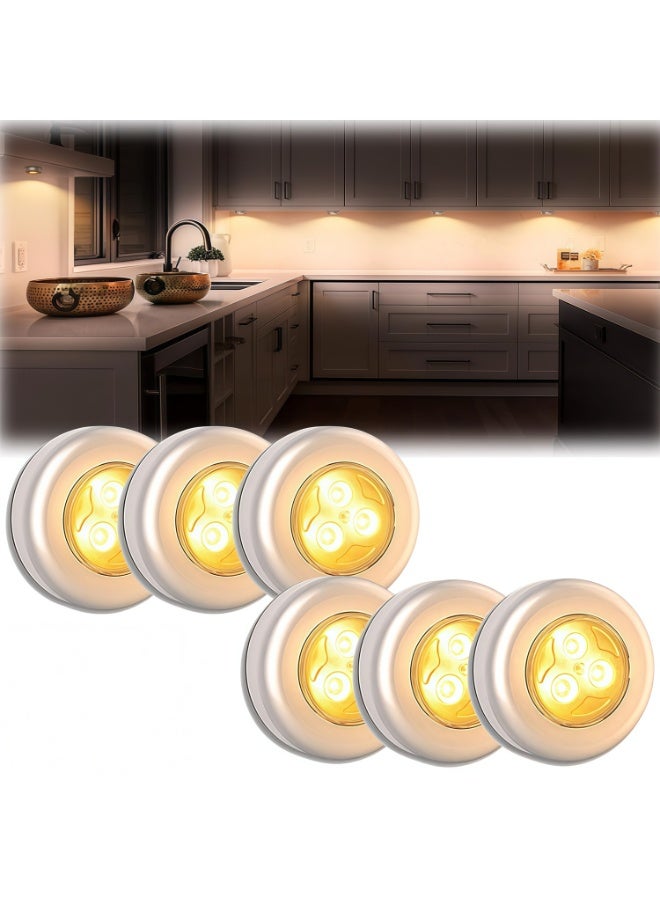 Mini Puck Light 6 Pack, Wireless Under Cabinet Lights Battery Operated LED Puck Light, Warm White Pressure Activated Lights for Closet Counter Kitchen RV Indoor - Image 1