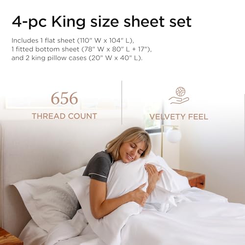 Threadmill American Supima King Size Sheets Set 656 Thread Count 4 Piece Luxury Bed Sheets for King Size Mattress 5 Star Hotel Quality Sheets with Elasticized Extra Deep Pocket White Sheets - Image 3