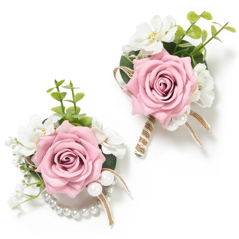 Serwalin Pink Rose Corsage and Boutonniere Set Prom Flower Wrist Corsage Bracelets Homecoming Roses Corsage Wristlet and Men Boutonniere for Wedding Flowers Accessories Prom Suit Decorations