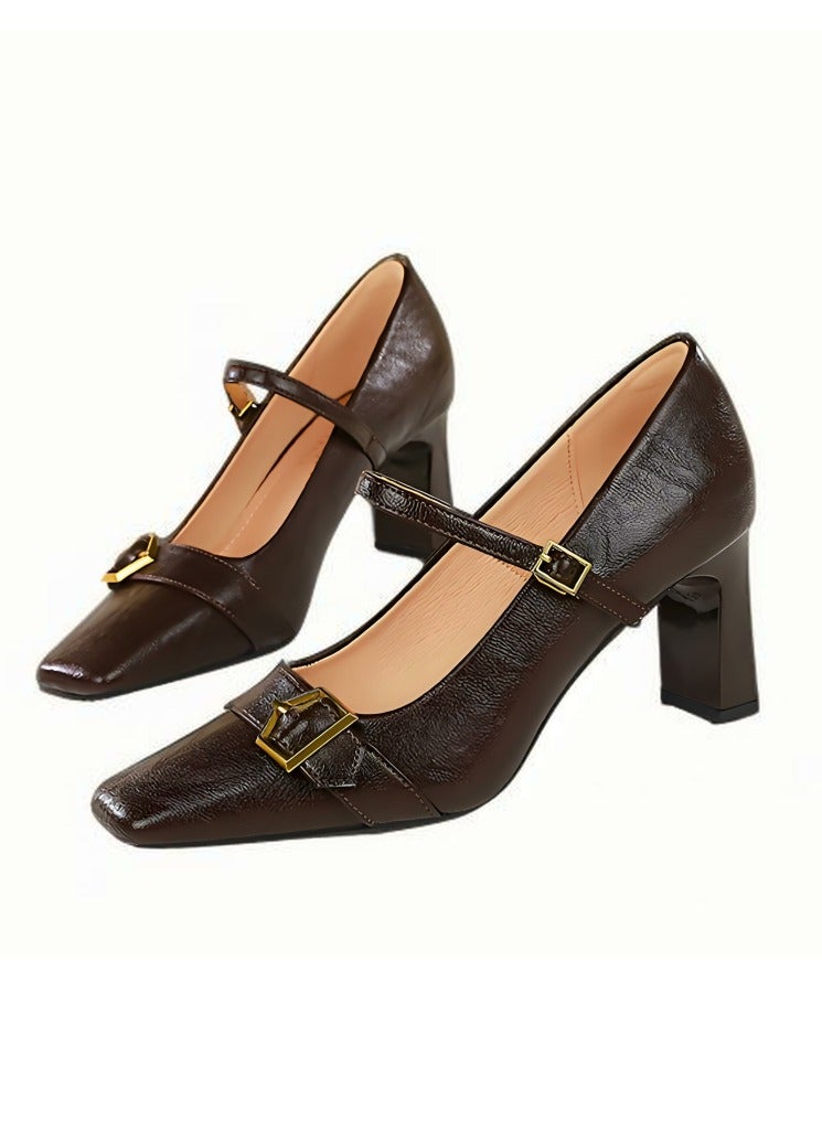 BIGTREE Women's Closed Square Toe High Heels With Ankle Straps Brown 7CM - Image 1