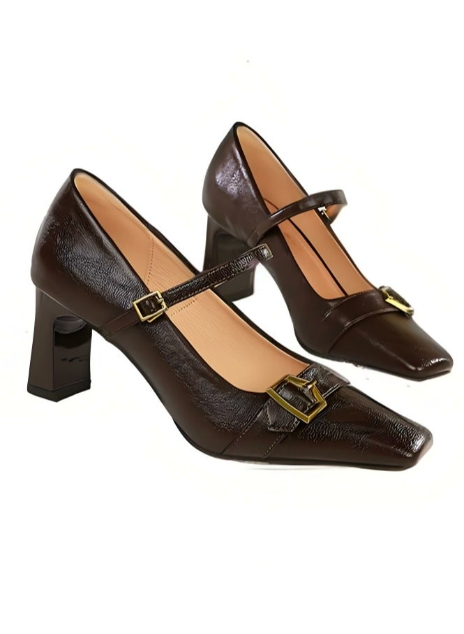 BIGTREE Women's Closed Square Toe High Heels With Ankle Straps Brown 7CM - Image 2