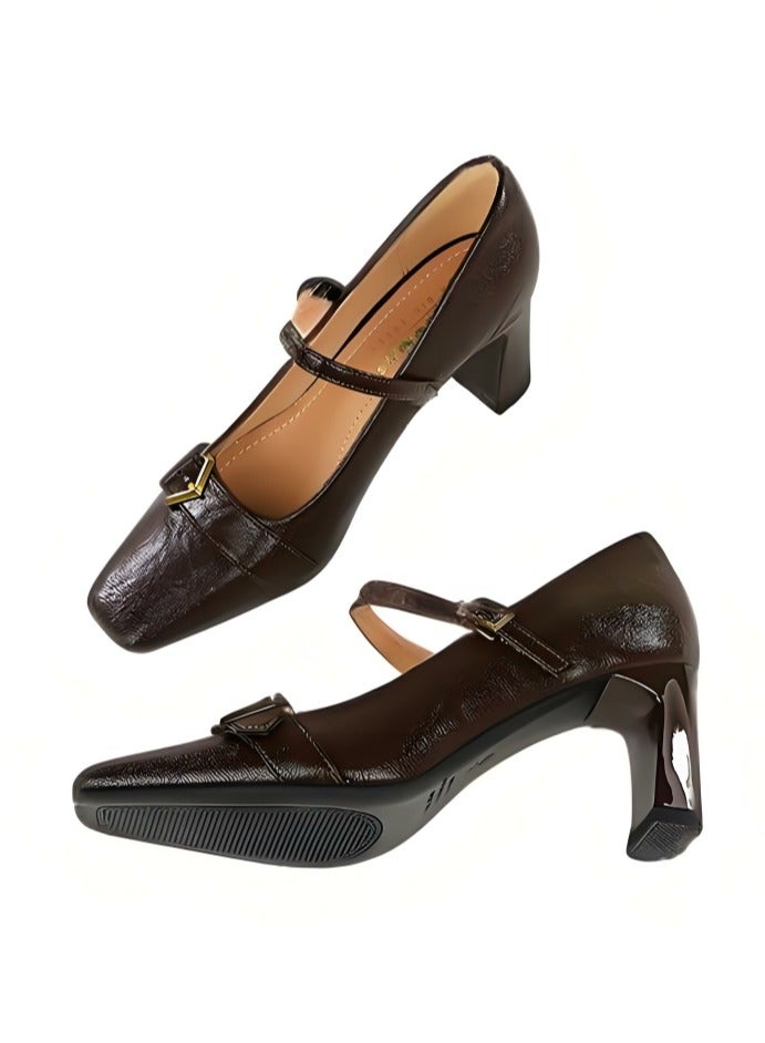 BIGTREE Women's Closed Square Toe High Heels With Ankle Straps Brown 7CM - Image 3