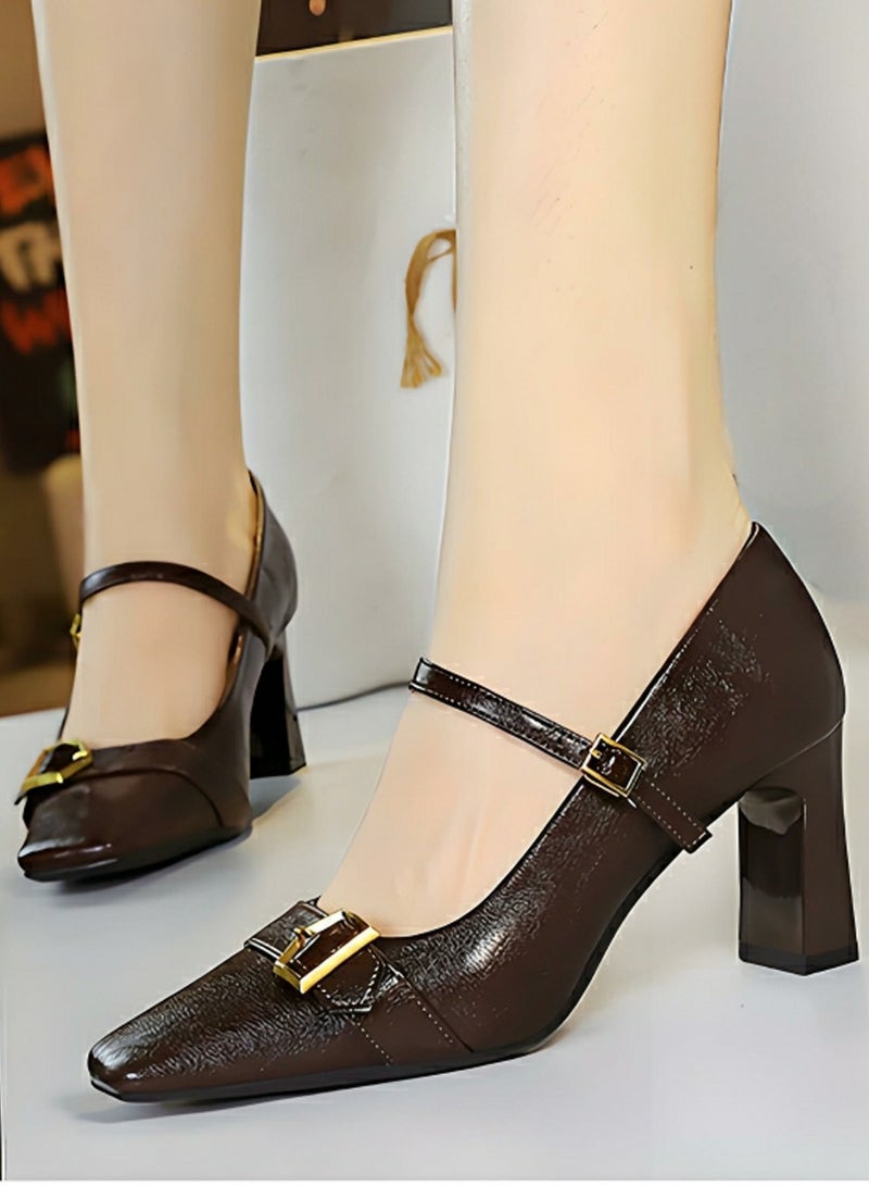 BIGTREE Women's Closed Square Toe High Heels With Ankle Straps Brown 7CM - Image 4