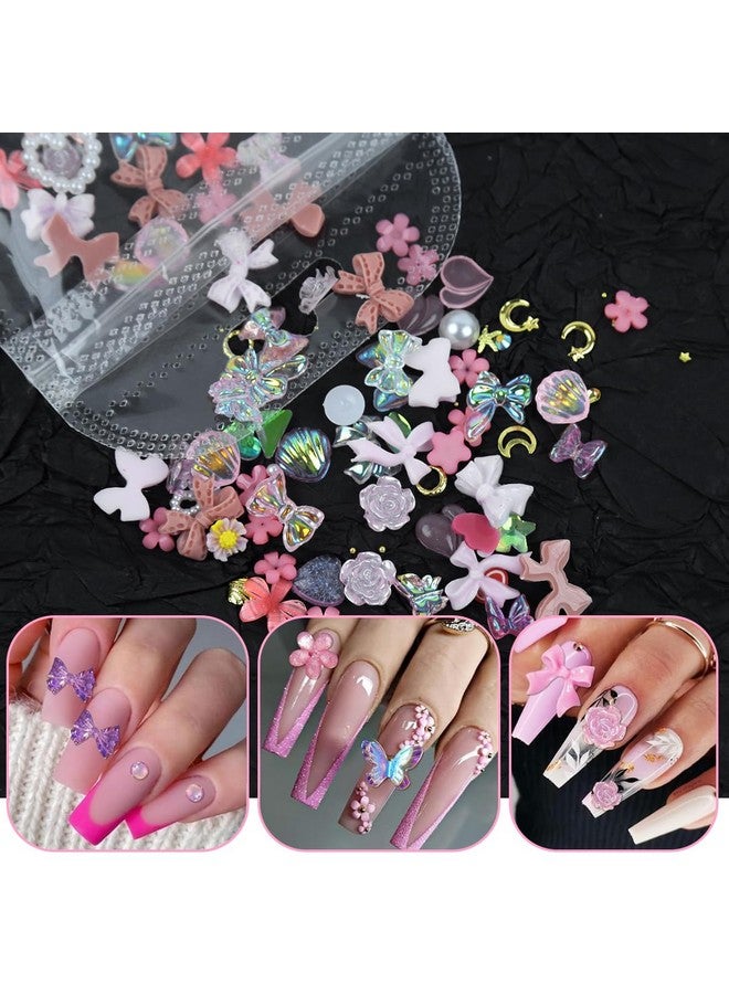 maycreate ® 3D Flower Nail Charms Heart Star Bow Embellishments Acrylic Nail Gems Charms Mixed Ab Resin Rhinestones Pearls Gold Rivets For Manicure Diy Crafts Accessories, Pink - Image 3