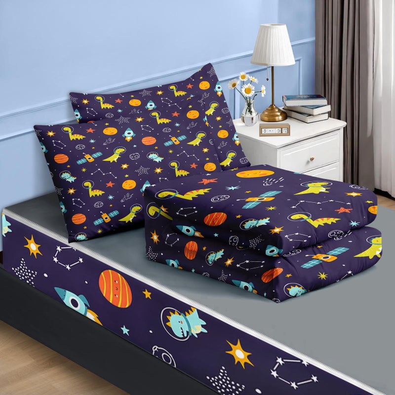 Nesker Twin Zipper Bedding, Astronaut Dinosaur Zipper Bedding Sets for Boys, 3pcs All in on one, Funny Space Dino Planet Kids Comforter Set with Fitted Sheet and 2 Pillowcases - Image 2