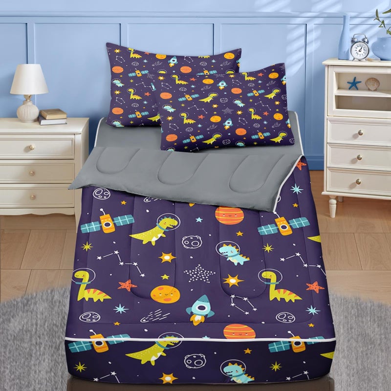 Nesker Twin Zipper Bedding, Astronaut Dinosaur Zipper Bedding Sets for Boys, 3pcs All in on one, Funny Space Dino Planet Kids Comforter Set with Fitted Sheet and 2 Pillowcases - Image 1