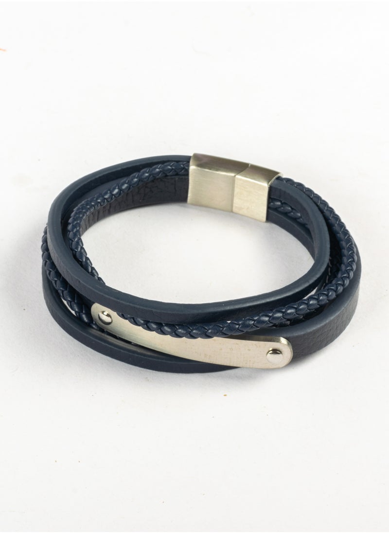 The Black Pearl Accessories - Multi Layers Blue Leather & Silver Stainless Steel Bracelet For Him - Image 1