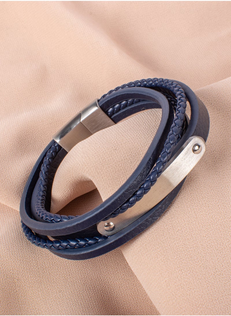 The Black Pearl Accessories - Multi Layers Blue Leather & Silver Stainless Steel Bracelet For Him - Image 1