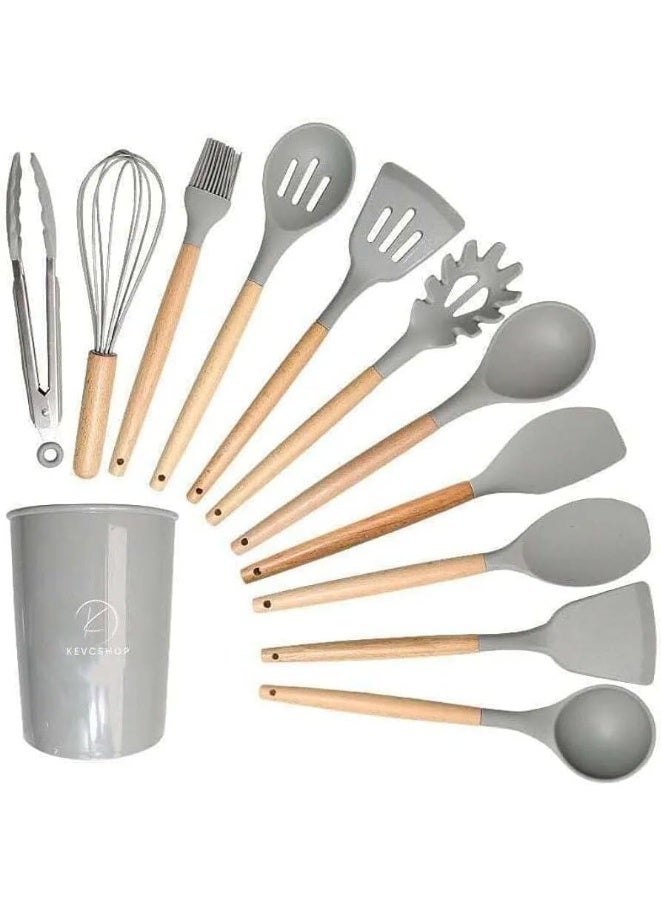 طقم توزيع سيليكون بيد خشب مع حامل – 12 قطعة - Image 1