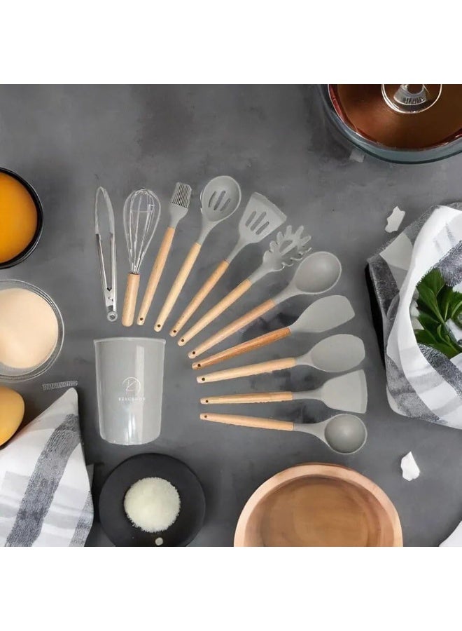 طقم توزيع سيليكون بيد خشب مع حامل – 12 قطعة - Image 5