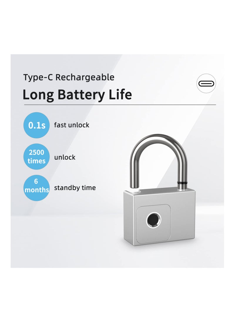 Biometric Fingerprint Padlock with App Control, Heavy-Duty Smart Lock for Warehouses, Outdoor Gates, Pool Sheds, and Gym Lockers - Includes Key and Remote Authorization (Silver)