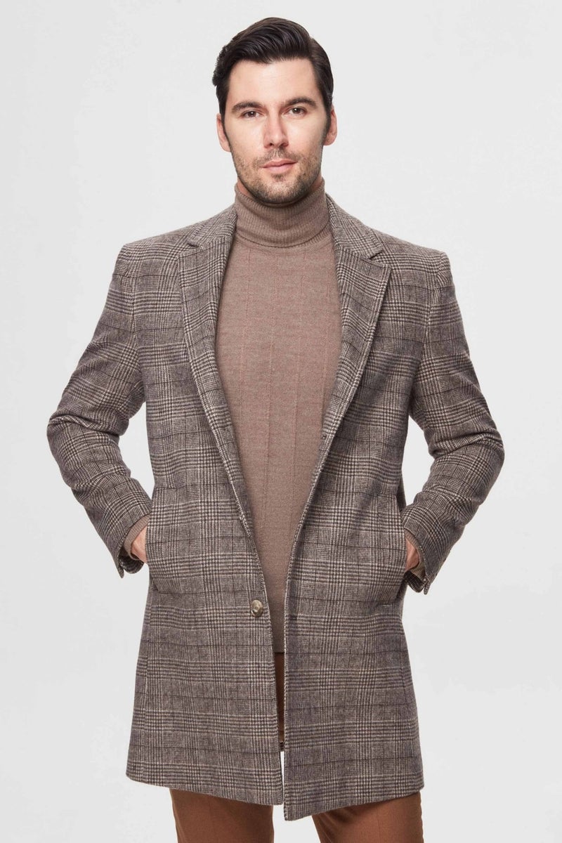 D'S DAMAT Slim Fit Brown Single Slit Plaid Patterned Wool Coat  - Image 1