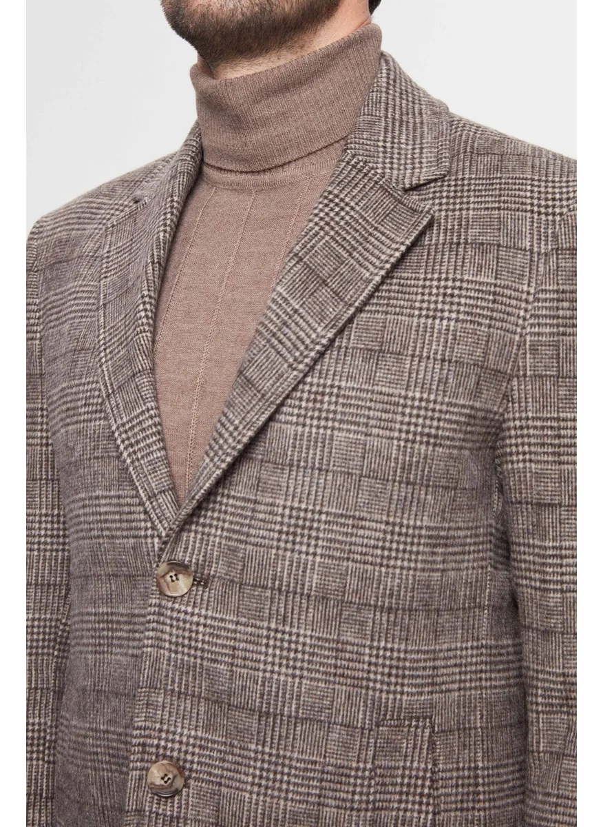 D'S DAMAT Slim Fit Brown Single Slit Plaid Patterned Wool Coat