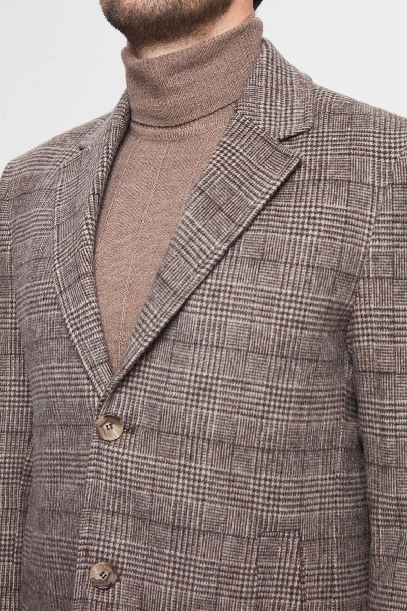 D'S DAMAT Slim Fit Brown Single Slit Plaid Patterned Wool Coat  - Image 2