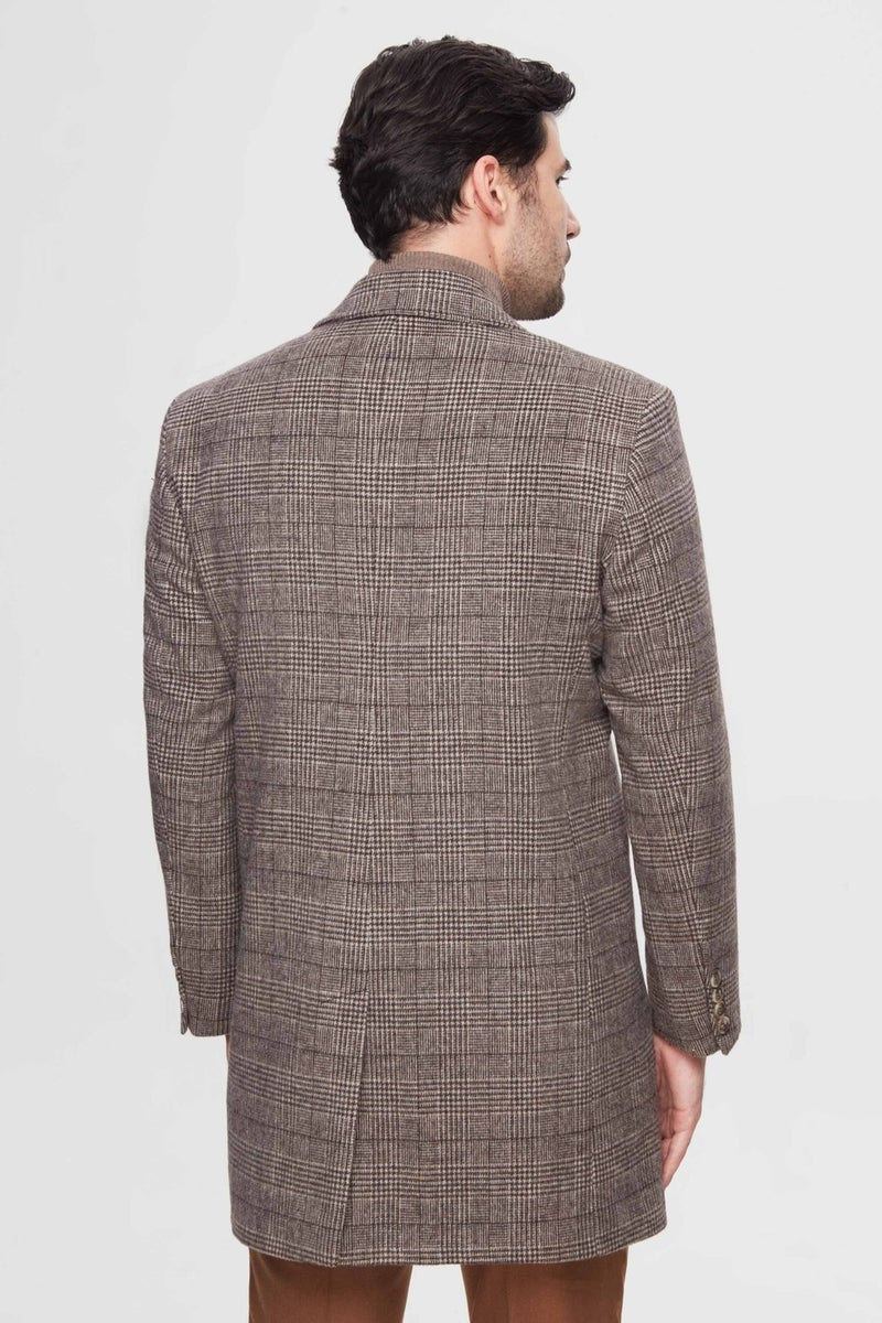 D'S DAMAT Slim Fit Brown Single Slit Plaid Patterned Wool Coat  - Image 3