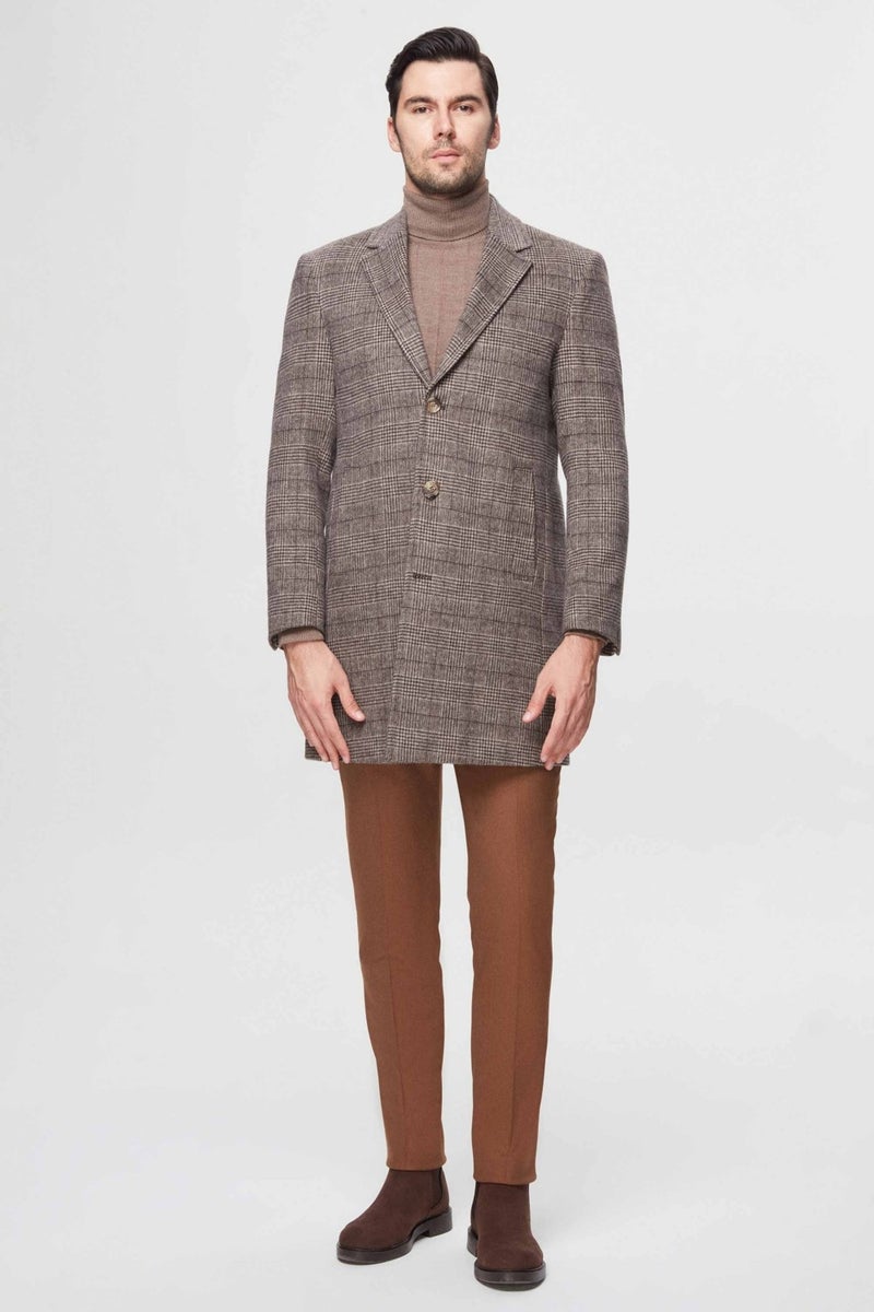 D'S DAMAT Slim Fit Brown Single Slit Plaid Patterned Wool Coat  - Image 5