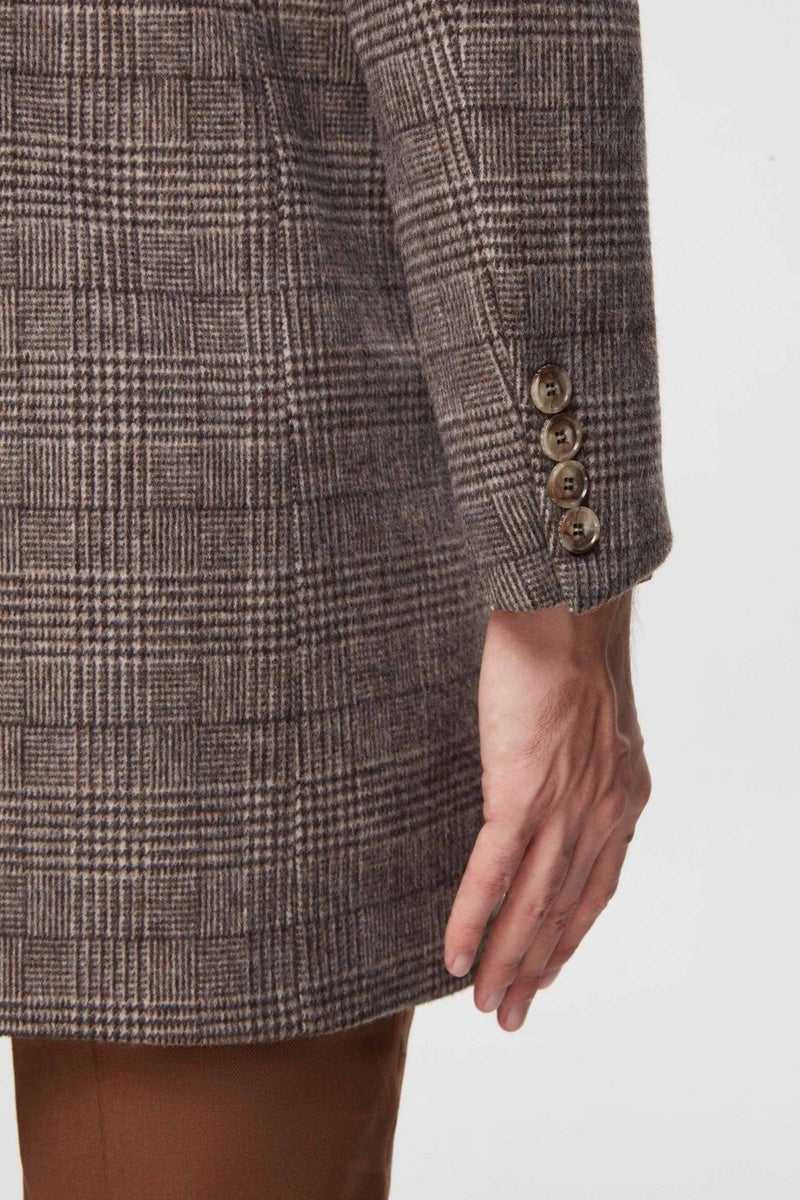 D'S DAMAT Slim Fit Brown Single Slit Plaid Patterned Wool Coat  - Image 4