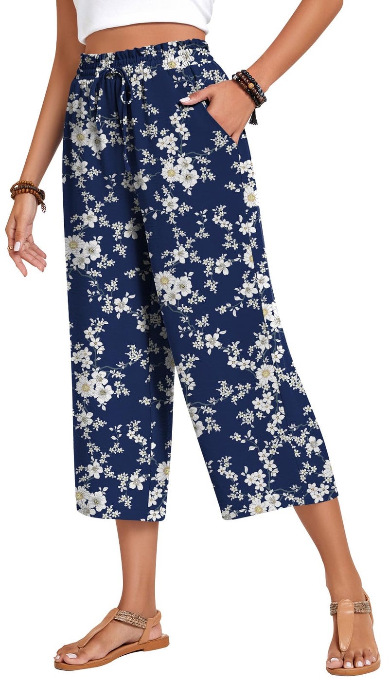 Anyhold Womens Plus Size Capri Pants Loose High Waisted Wide Leg Lounge Pants Drawstring Casual Palazzo Trousers with Pockets 2X-Large, White Little Flower - Image 1