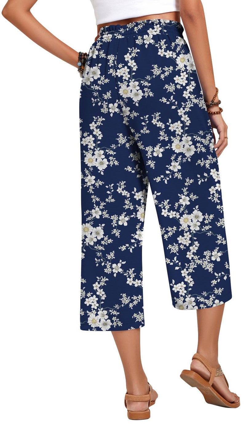 Anyhold Womens Plus Size Capri Pants Loose High Waisted Wide Leg Lounge Pants Drawstring Casual Palazzo Trousers with Pockets 2X-Large, White Little Flower - Image 3