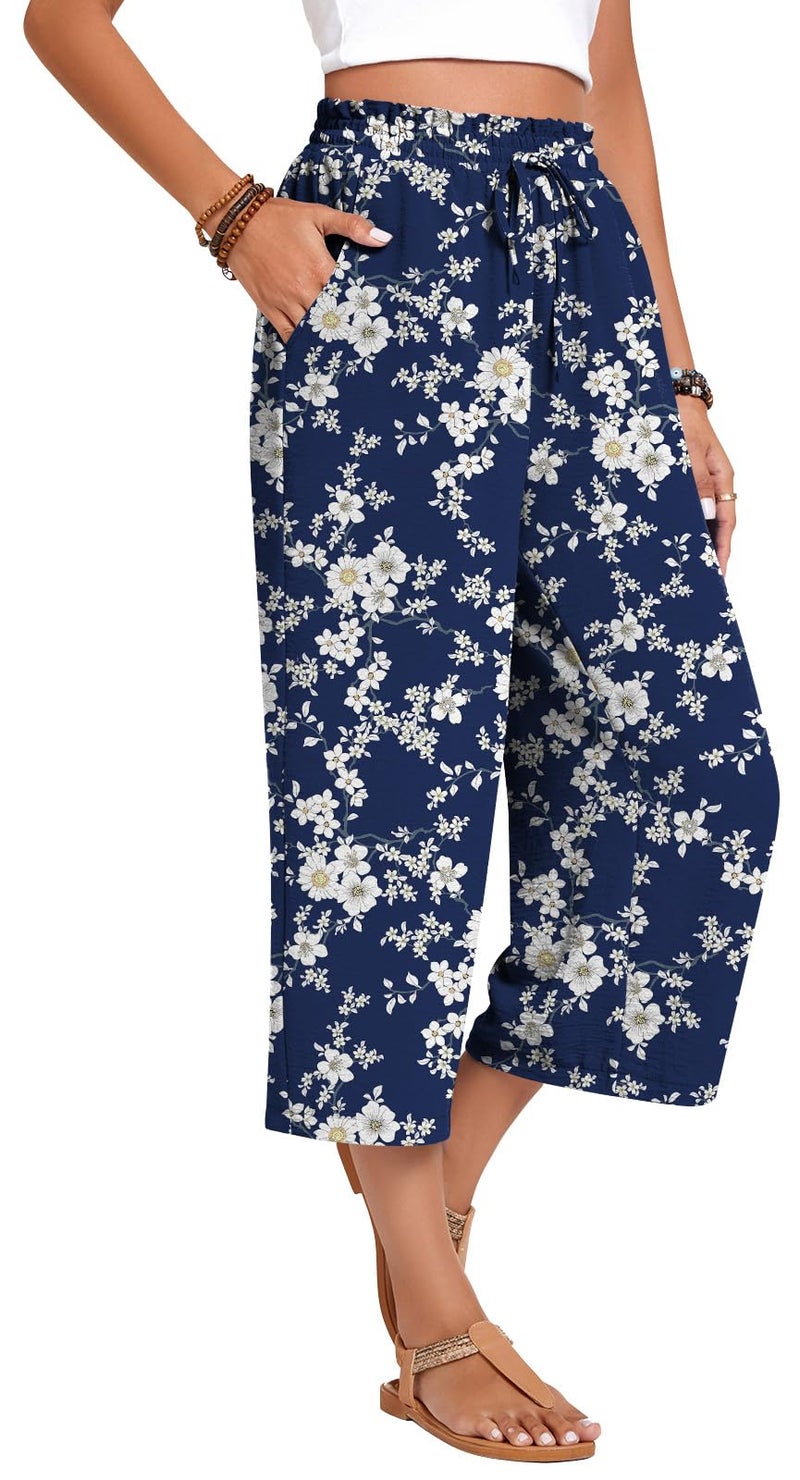 Anyhold Womens Plus Size Capri Pants Loose High Waisted Wide Leg Lounge Pants Drawstring Casual Palazzo Trousers with Pockets 2X-Large, White Little Flower - Image 2